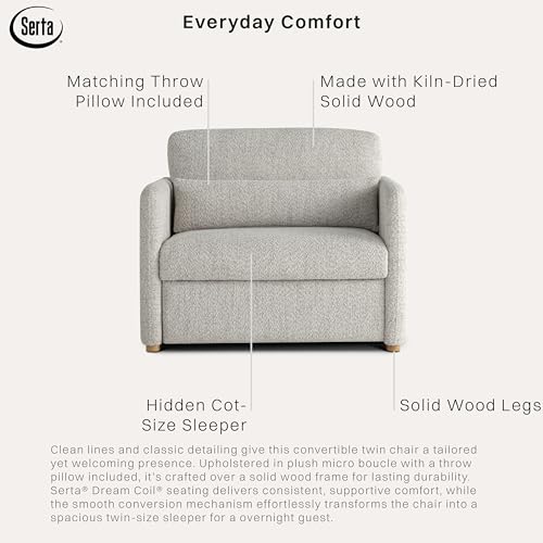 Image of Serta Tahoe 46″ Twin Size Convertible Chair, Modern, Track Arm, Dream Coils, Boucle Fabric