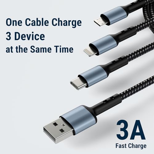 Image of COSTAR 2 Pack 60W 3-in-1 Multi Fast Charging Cable - 3A Nylon Braided 1.5M Cable with Type-C & Micro USB for iPhone, iPad, Samsung, OnePlus, Xiaomi, Oppo, Vivo, Android & Car Charging