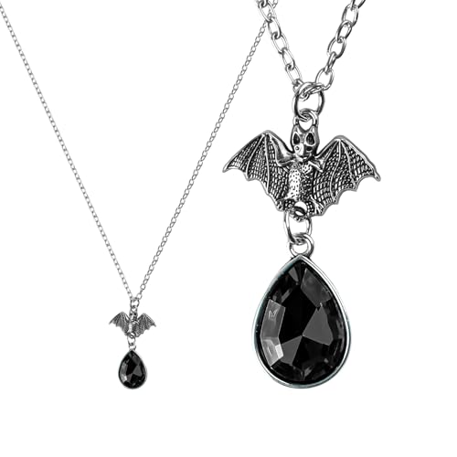 Image of Tabanzhe Gothic Necklace Gemstone Teardrop Pendant Vintage Bat Crystal Necklace Punk Accessories Jewelry Gift for Women Girls Cosplay Party Halloween Vampire(Black)