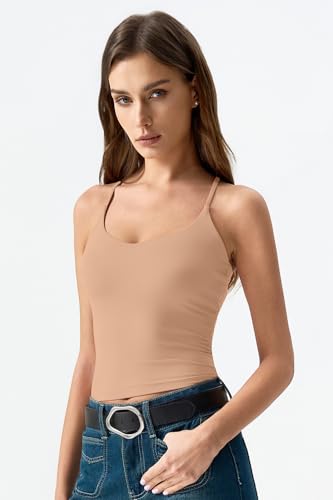 Image of QINSEN Womens Cross Back Tank Top V Neck Double Lined Camisole Top Sleeveless Spaghetti Strap Going Out Tops