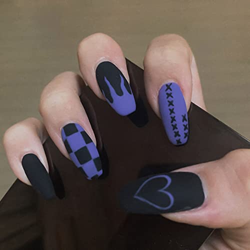 YOSOMK Cute Press on Nails Short Black Coffin Fake Nails Matte Stick on Nails Full Cover Glue on Nails False Nails with Designs Acrylic Nails for Women