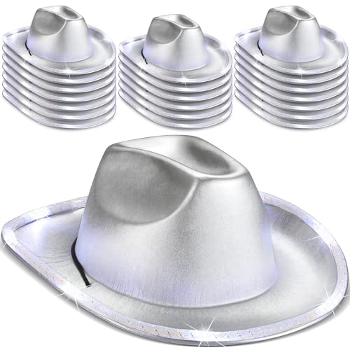 Tisancy 20 Pack Lights Cowboy Cowgirl Hat LED Flashing Light Up Hat for Western Bachelorette Party Wedding Bridal(Silver Retro)