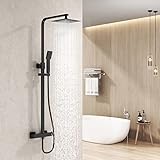 Heilmetz Duschsystem Schwarz Matt, Duschsystem mit Thermostat Regendusche Schwarz Duschset, Duschsäule Kopfbrause Handbrause Und HöHenverstellbar Duschstange Regendusche mit Thermostat