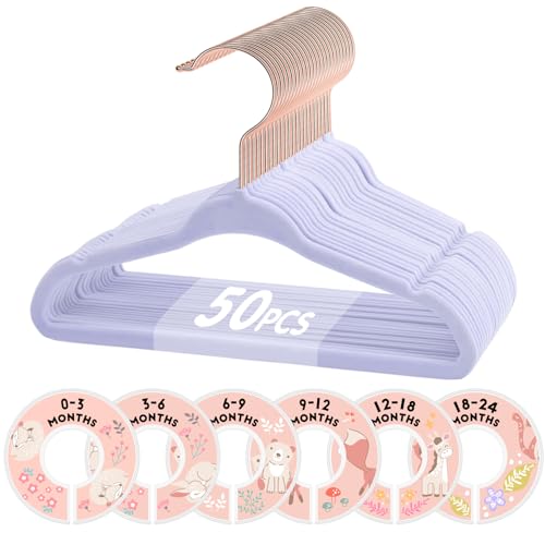 Image of VIS'V Baby Hangers, 11 Inch Velvet Kids Hangers with 6 Pcs Clothes Size Dividers, Infant Toddler Nursery Closet Organization, Non Slip, Lavender, 50 Pcs