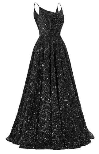 Tianzhihe Sequin Prom Dresses 2025 Long Sparkly Ball Gowns Spaghetti Straps A-Line Formal Evening Party Gown with Pockets