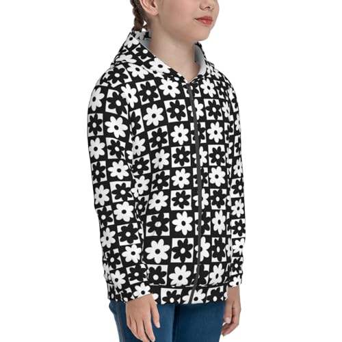 Black and White Checkered Flower Kids Pullover Hoodies Boys Zip Up Sweatshirts Girls Athletic Clothes with Pocket4