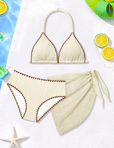 Image of Girls Swimsuit V Neck Bikini Set Color Block with Cover Up 3Pcs Bathing Suits
