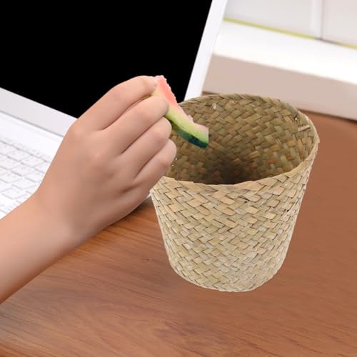 Image of Woven Waste Basket Natural Straw Mini Trash can 4.13 X 4.13 X 3.74 in Small Wicker Wastebasket for Home Organizing Desktop Storage Bathroom Living Room