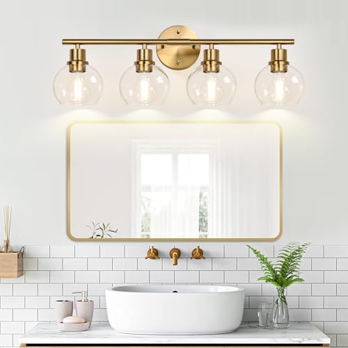 Image of Indoi 4-Light Bathroom Light Fixtures,Gold Modern Vanity Lights Over Mirror with Clear Glass Globe Shade, Bathroom Wall Sconces for Mirror Kitchen Living Room Hallway Cabinet Bedroom Porch
