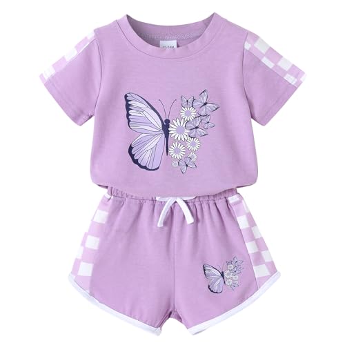 YOUNGER TREE Toddler Infant Baby Girls Summer Outfits Butterfly Print Short Sleeve T-Shirt Tops Sweat Shorts Clothes Sets(Purple+Butterfly,3-4T)