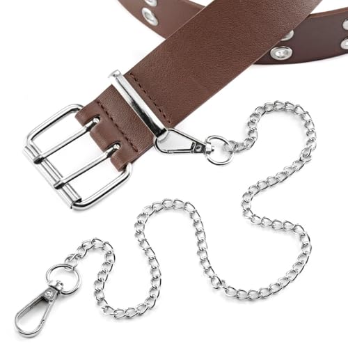 Double Grommet PU Belt with Waist Chain Punk Belt Web Belt Eyelet Belt for Women Men Jeans Dresses 2 Hole Belts4