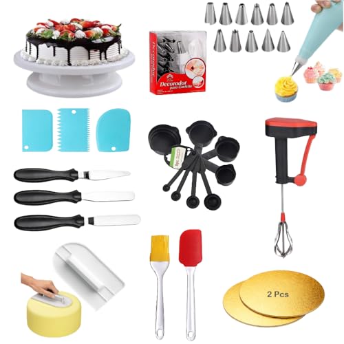 Image of Cake Decoration Kit with 360-Degree Rotating Turntable Table,12 Piece Cake Decorating Nozzle,Plastic Hand Mixer,Scraper Set, Silicone Spatulaa,Smoother,Rose Cutter,Knif (Combo 11)