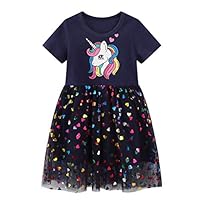 FILOWA Girls Dress Kids Short Sleeves Summer Dresses Sequin Tutu Cotton Tulle Sparkly with Heart Horse Pattern Girl's Clothing Birthday Party School Princess Dress Up for Child 6-7 Year, Navy
