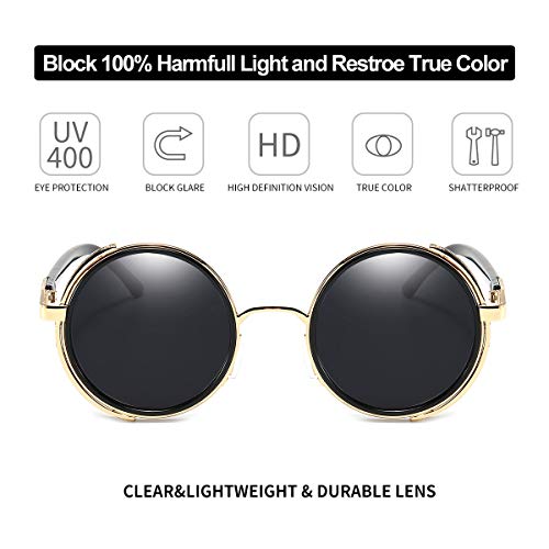 Dollger Steampunk Vintage Retro Round Sunglasses Metal Circle Frame (Black Lens+Gold Frame,100% Uv Protection Lens) #TOP3