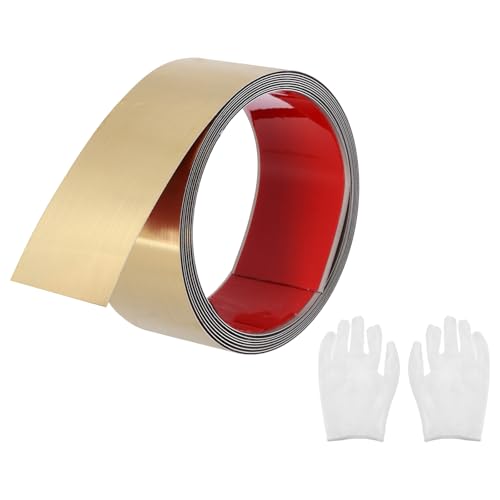 QUARKZMAN Moulure autocollante en acier inoxydable, finition or brossé, à décoller et coller, avec gant, décorative pour miroir mural, 50 mm x 2 m