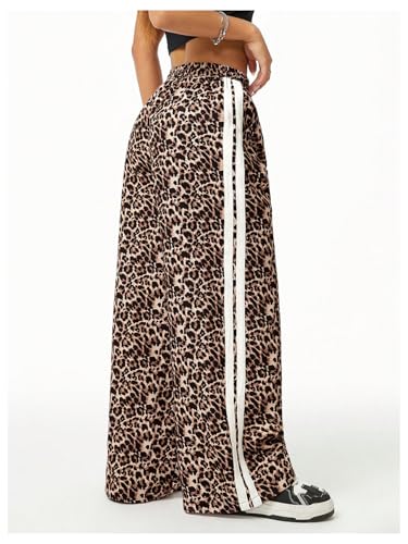 SHENHE Girl's Y2k Leopard Print Pants Wide Leg Baggy Side Stripe Cheetah Pants Trousers2