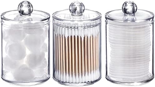 Tbestmax 3 Pack Plastic Cotton Swab Ball Pad Holder, 10 Oz Bathroom Organizer, Qtip Apothecary Jar Clear Container Dispenser