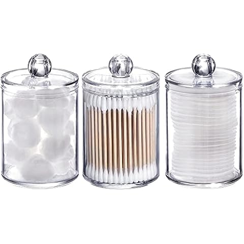 Tbestmax 3 Pack Plastic Cotton Swab Ball Pad Holder, 10 Oz Bathroom Organizer, Qtip Apothecary Jar Clear Container Dispenser Cover