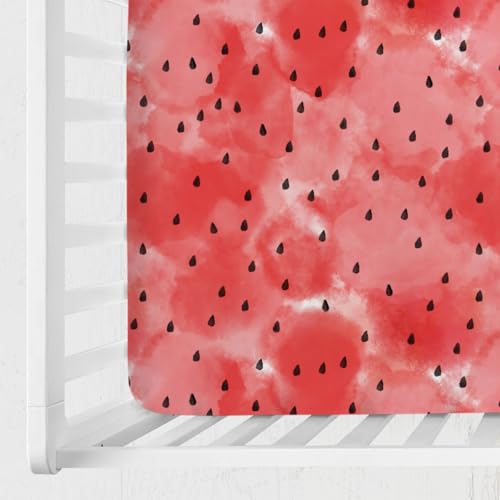 Image of Watercolor Watermelon Baby Crib Sheets 52''x28'' Tropical Fruit Snug Fitted Crib Mattress Covers for Boy Girl Boho Summer Beach Soft Baby Nursery Bed Sheet for Standard Crib and Toddler Mattress