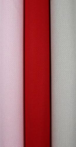 Image of KCS 3 pc of 15 inch x 18 inch(38cmx45cm) Counted Cross Stitch Cotton Aida Cloth Needlework Rolled Fabric Box,14CT,Pink+Red+Pearl Grey