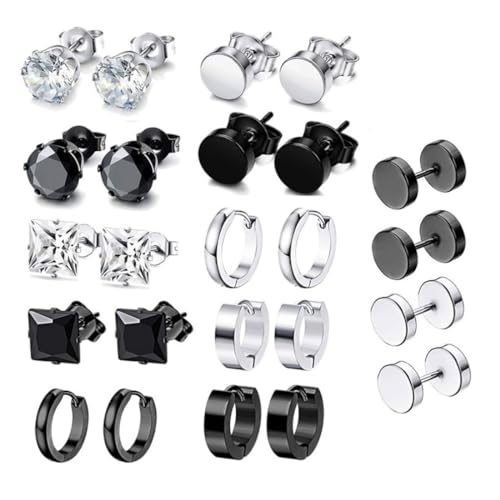 CPSYTE 12 Pares Hombres Pendientes De Acero Inoxidable,Hombres Pendientes Negro Titanio Punk Pendientes Redondo Cool Stud Pendientes Cruz Piercing Stud Pendientes Earclips Hoop Pendientes