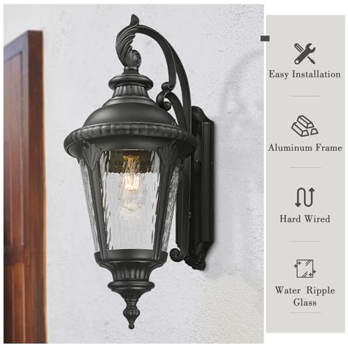 Image of Emliviar 28.4 inch Large Outdoor Wall Lantern, Farmhouse Exterior Porch Light for House, Black Finish with Water Ripple Glass, XE265B-SW BK