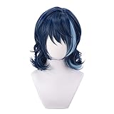 osseoca Aoba Tsumugi Dark Blue Mixed Light Blue Short Curly Synthetic Hair Anime Halloween Carnival Comic Exhibition Cosplay Hair Natural COS Ombre Wigs with Bangs, 14 Inch