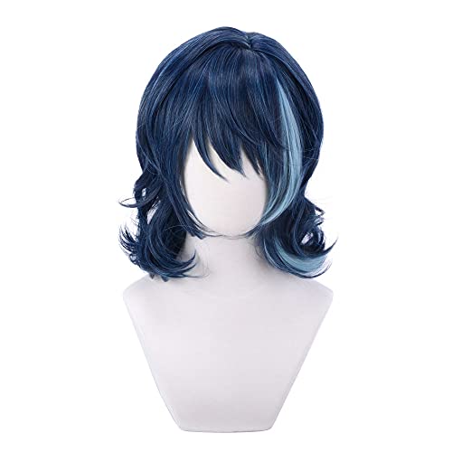osseoca Dark Blue Mixed Light Blue Short Curly Synthetic Hair Anime Halloween Carnival Comic Exhibition Cosplay Hair Natural COS Ombre Wigs with Bangs