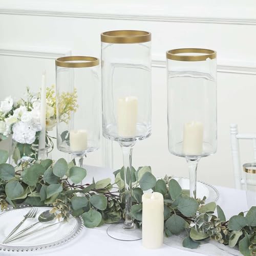 Efavormart Set of 3 | Clear Gold Rimmed Long Stem Glass Hurricane Candle Holders, Cylindrical Pedestal Flower Vases - 16", 18", 20"