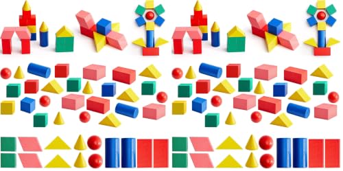 Image of 140 Pcs Mini 3D Shapes for Teaching, Wood Building Geometric Solids Blocks | Classroom Manipulatives for Elementary School Geometry Math Kindergarten Preschool Learning, Montessori Stacking Toy