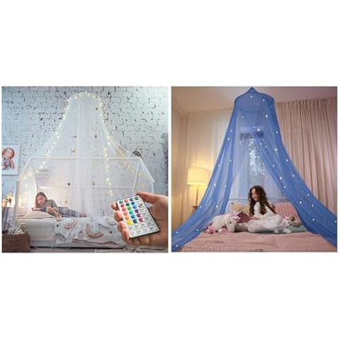 Bollepo The Ultimate Canopies Bundle - White LED & Blue Canopies for Girls Bed. Fits Single, Twin, Full, Queen Bed Sizes Cover