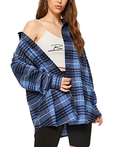 Image of HangNiFang Womens Flannel Plaid Shirts Oversized Button Shirts Blouse Tops