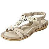 ZriEy Women's Low Heel Flat Sandals Open Toe Summer Beach Sandals Non Slip Dress Sandal Shoes Elastic Ankle Strap Cute Comfortable Bohemia Flat Heel for Women Nude Size 8.5