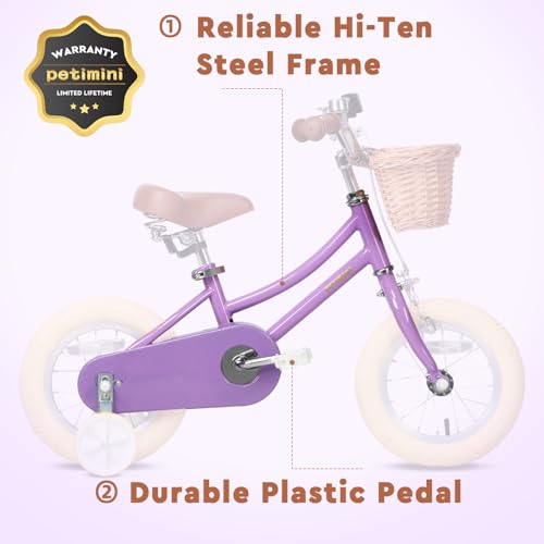 Image of Petimini Vintage Kids Bike for Girls, 12-20 Inch Classic Bicycle with Wicker Basket & Bell, High Tensile Steel Frame, Training Wheels (12-18 inch), 85% Pre-Assembled, Retro Bike for Outdoor Riding