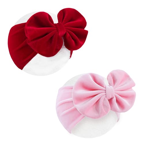 Image of YanJie Hairband - Velvet Bows for Baby Girls, Soft Handmade Headbands, Ideal Gifts for Toddlers, Girls Infant, Kids, 2 Pack - Red, Pink