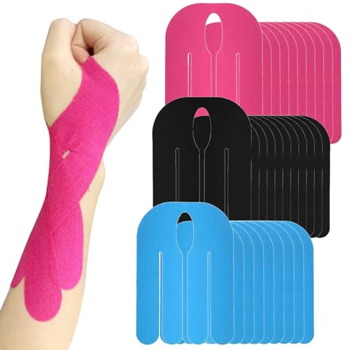 MFUSUL 30 cintas de kinesiesio precortadas para muñeca, 3 colores, resistentes al agua, algodón, función de apoyo, deporte y uso prolongado (negro/azul/rosa)