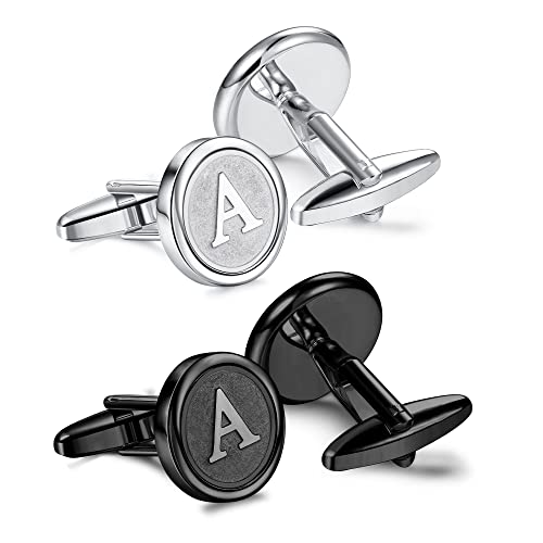 ORAZIO Cufflinks For Men Engraved Initials Cufflinks Silver Black Set Stainless Steel Cuff Links Letter Alphabet A-Z Gift With Box For Wedding,Dad,Groom,Groommen,Husband(A)