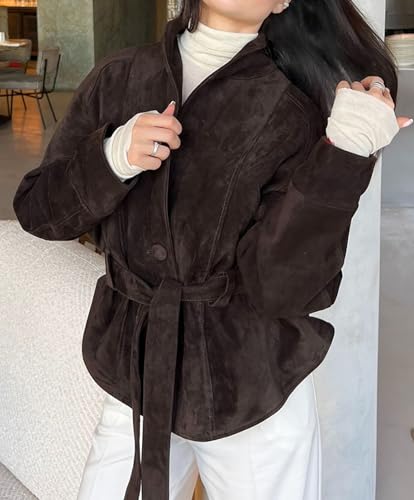 Womens Faux Suede Jacket with Belt Long Sleeve Button Down Belted Suede Leather Jacket Coats2