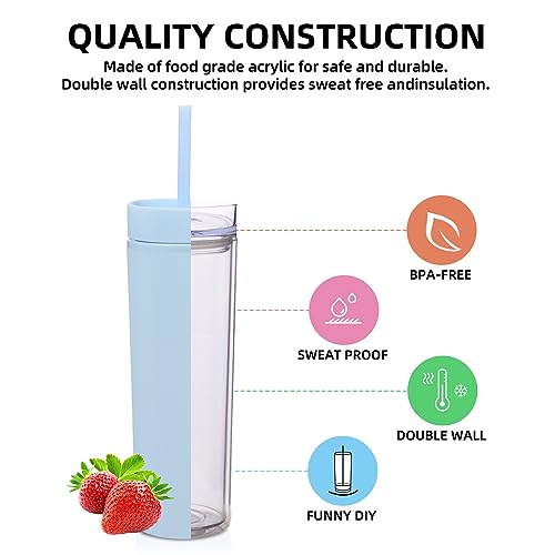 Volhoply 16oz Tumbler with Lid and Straw 8 Pack,Double Wall Plastic Skinny Tumblers Bulk,480ML Reusable Cute Coffee Mug,BPA Free Matte Acrylic Water Cups with Straw for Parties,DIY Gifts(Blue,8 Set - Image 3