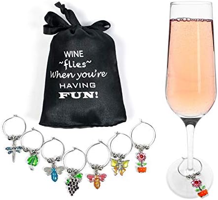 Cork & Leaf Flowers & Insects Wine Glass Markers - Set of 7, Wine Charms, Wine Accessories and Gifts, Drink Markers, Wine Glass Charms, Includes a Black Sateen Storage Bag