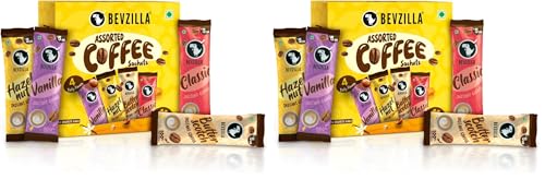 Image of Bevzilla 48 Instant Coffee Powder Sachets (4 Flavours) - 96 Grams | Hazelnut, Classic, Vanilla & Butterscotch | 12 pouches Each Flavour | Arabica Coffee | Perfact for Espresso, Latte,Cappuccino | Hot & Cold Coffee