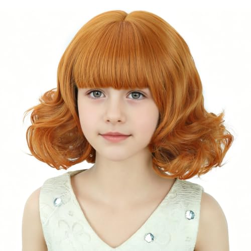 Ufindcos Orange Wig for Kids Short Curly Ginger Orange Bob Chlid Wigs with Bangs Synthetic Wigs with Wig Cap for Cosplay Party Costume