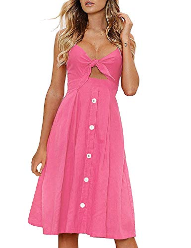 Image of FANCYINN Womens Tie Front Button Down A-Line Dresses Summer Spaghetti Strap Midi Dress Floral Prints