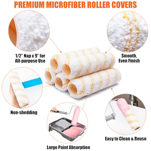6pcs House Paint Roller Kit, PinStone 9 inch Extendable Roller Frame with 5 Microfiber Replacement Covers, Adjustable Painting Roller (18" - 36"), Home Painting Supplies for Painting Walls & Ceilings by PinStone - Image 4