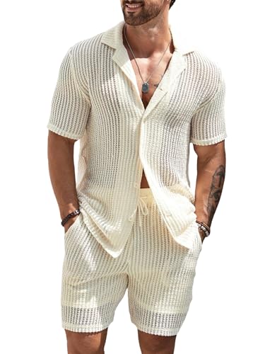 Verdusa Men's 2 Piece Outfit Hollow Out Knit Button Up Shirt and Knit Short Sets