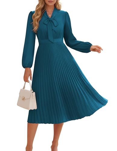 GRACE KARIN Long Sleeve Pleated A Line Casual Flowy Party Midi Dress V Neck Flowy Casual Fall Dress Blue Grey