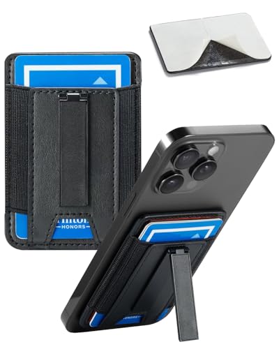 Image of Phone Card Holder Wallet with Stand, Hold 6 Card for iPhone Andriod | Stretch fabric card holder stick on back of phone case. Built-in stand for hands-free viewing. Holds 6 credit /ID cards