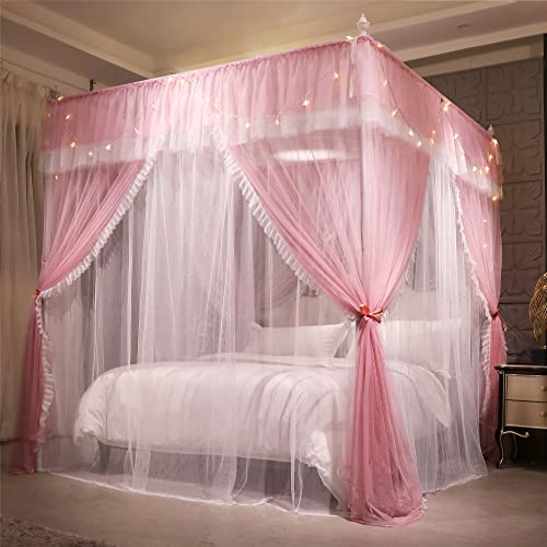 VETHIN 4 Corners Post Ruffle Princess Bed Canopy Curtain-Double Layer Cozy Drape Netting 4 Opening Mosquito Net for Girls Adults Bedroom Decoration (Pink/Whtie,59\" W*82\" L*82\"*H/Queen)