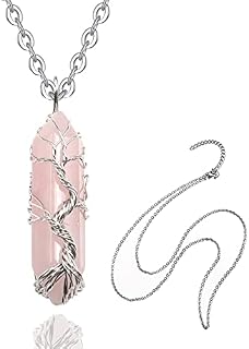 Runmeihe Rose Quartz Healing Crystal Stone Necklace, Tree of Life Silver Wrapped Natural Quartz Gemstone Pendant Necklaces Jewelry, Good Luck Crystal Necklace for women