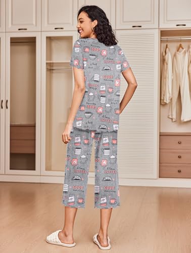 Image of Ekouaer 2 Pack: Women's Pajamas Set Short Sleeve Sleepwear Capri Pants Pjs Soft Loungewear with Pockets